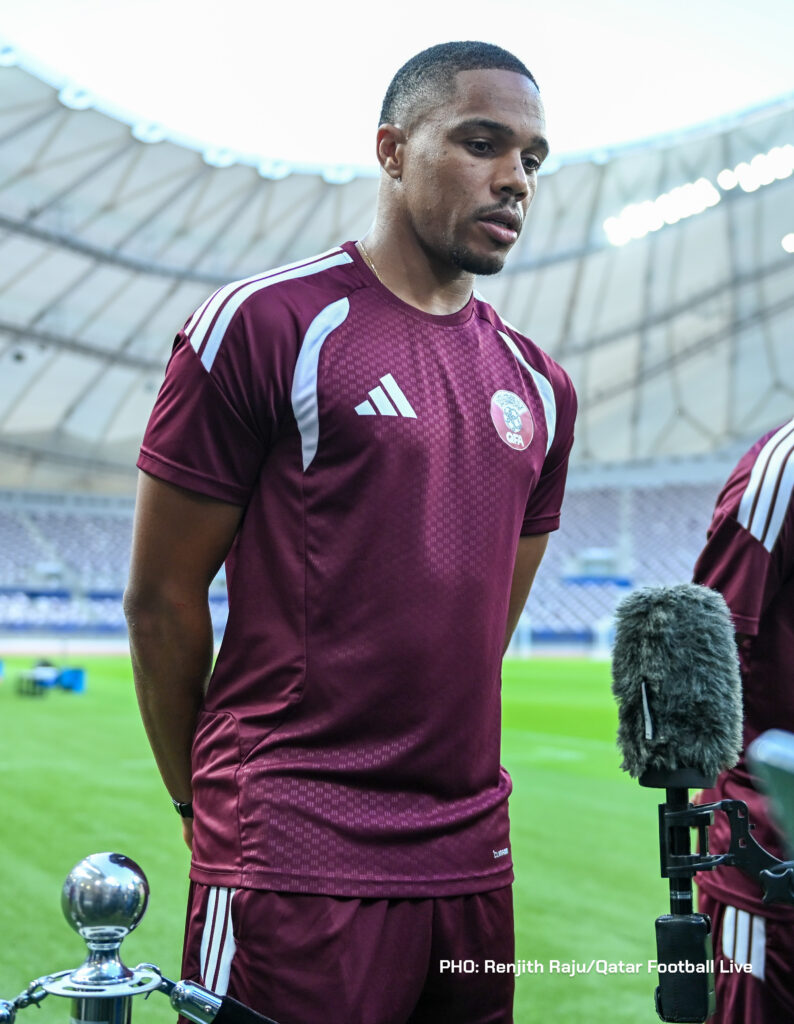 Qatar National Team defender Pedro Miguel (Ró-Ró) speaks to journalists during an open media day and final training session at Khalifa International Stadium on May 24, 2026, in Doha, Qatar. The veteran player conducted press interviews before the squad's departure for the FIFA World Cup 2026. (Photo by Renjith Raju/QFootLive)